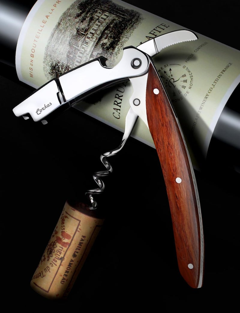 CORKAS Wine Key - Prestige Waiter Corkscrew with Rosewood Handle, Handcrafted Wine Opener Manual with Double Hinged, Foil Cutter and Bottle Opener, Ideal Gifts for Sommelier, Bartenders, Servers - Image 5